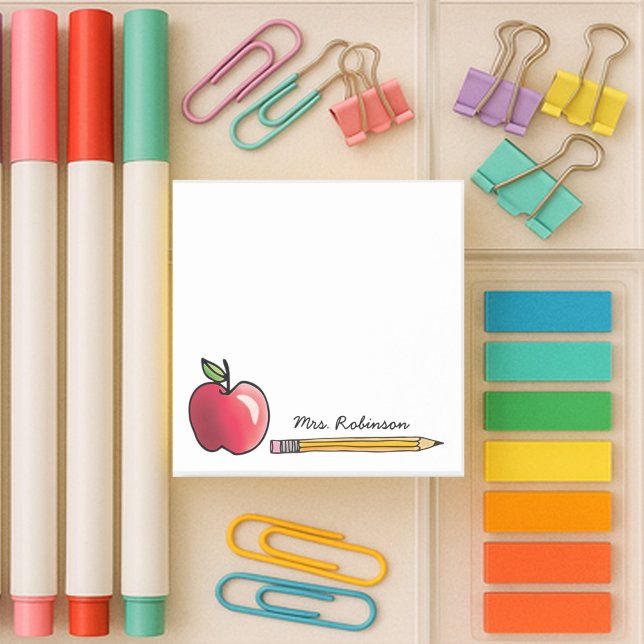 Apple and Pencil Personalised Teacher 3 x 3 Post-it Notes (4x6 white sticky note with apple and pencil with custom name for your teacher)