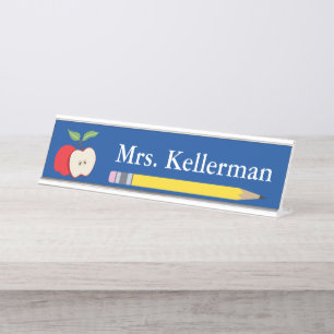 Apple and Pencil Teacher's Name Blue Desk Name Plate