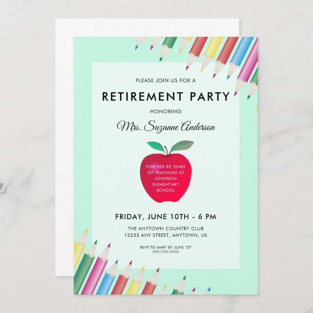 Apple and Pencils | Teacher Retirement Party Invitation (Front/Back)