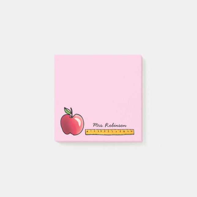 Apple and Ruler Personalised Teacher Pink 3 x 3 Post-it Notes (Front)