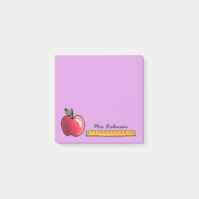 Apple and Ruler Personalised Teacher Purple 3 x 3 Post-it Notes (Front)