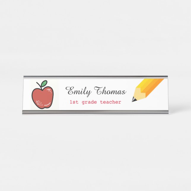 Apple And Yellow Pencil  School Teacher Classroom Desk Name Plate (Front)