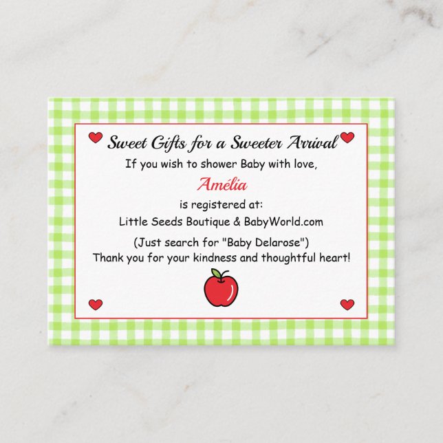 Apple Baby Shower Enclosure Card – Gift Registry  (Front)
