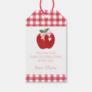 Apple birthday pink bow and plaid gift tags