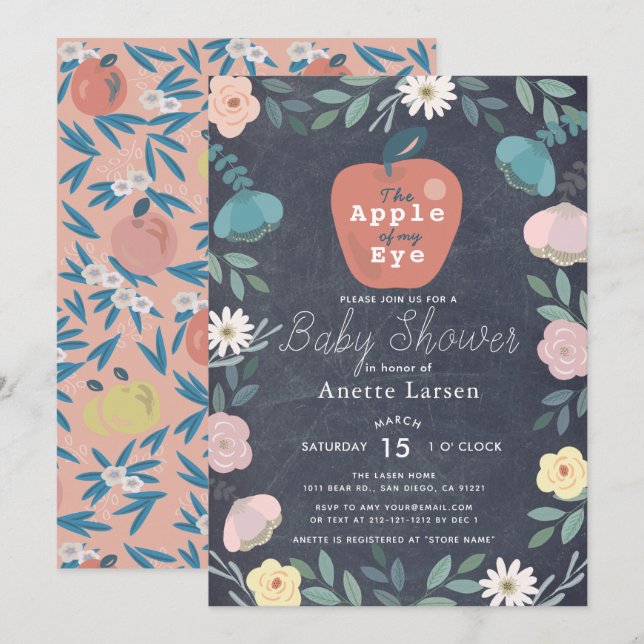 Apple Black Chalkboard Floral Pink Baby Shower Invitation (Front/Back)