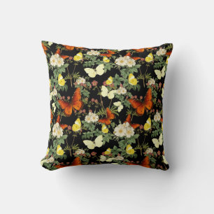 Apple blossom and Butterflies Black Background Cushion