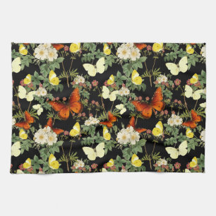Apple blossom and Butterflies Black Background Tea Towel