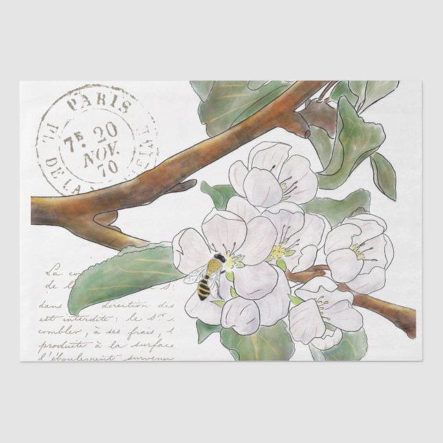 Apple Blossom Branch Bee French Script Decoupage   Tissue Paper (Front)