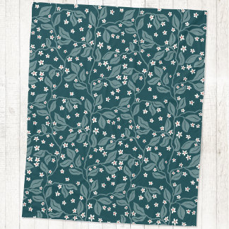 Apple Blossom Branches Botanical Block Print Green Fleece Blanket