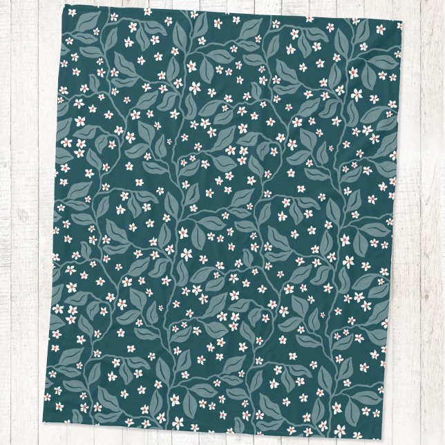 Apple Blossom Branches Botanical Block Print Green Fleece Blanket (Apple blossom foliage trailing branches arts and crafts style block print fleece blanket)