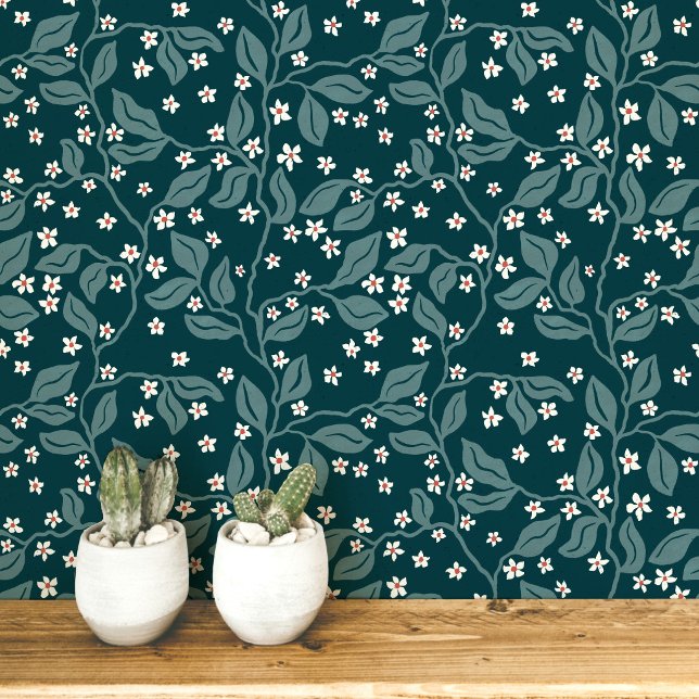 Apple Blossom Branches Botanical Block Print Green Wallpaper (Creator Uploaded)