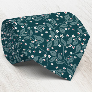 Apple Blossom Branches Botanical Green Block Print Tie