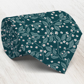 Apple Blossom Branches Botanical Green Block Print Tie