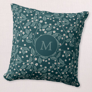 Apple Blossom Branches Botanical Green Monogram Cushion