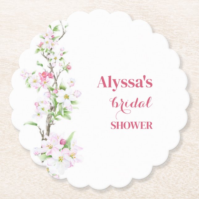 Apple Blossom Bridal Shower Personalised Paper Coaster (Front)