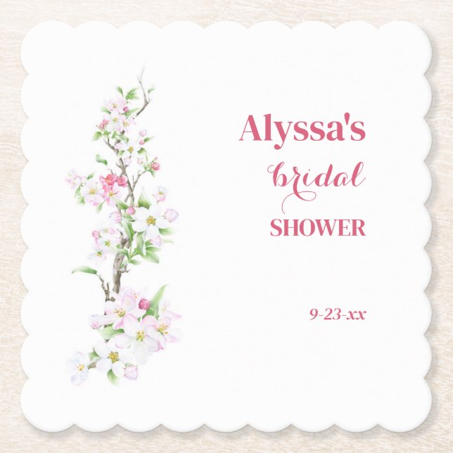 Apple Blossom Bridal Shower Personalised with Date Paper Coaster (Front)