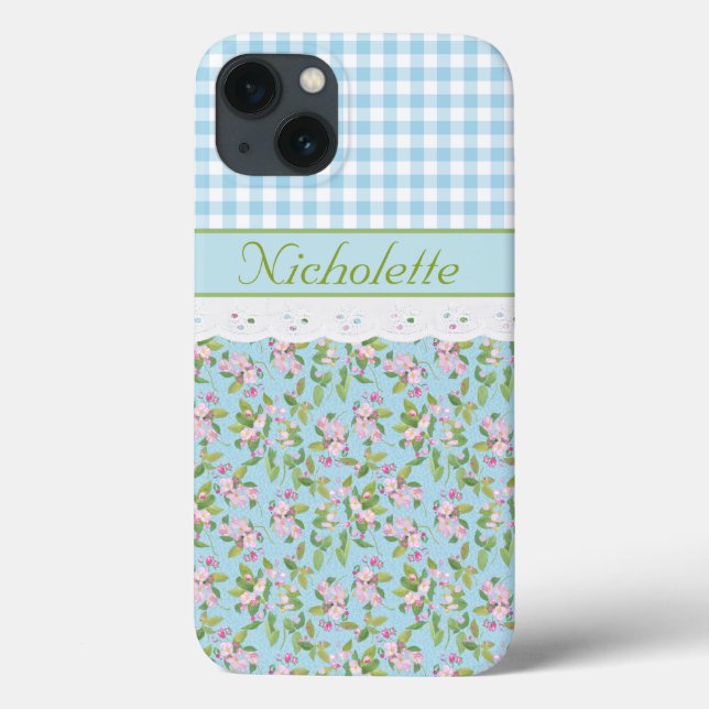 Apple Blossom Floral, Blue Check Gingham and Lace Case-Mate iPhone Case (Back)