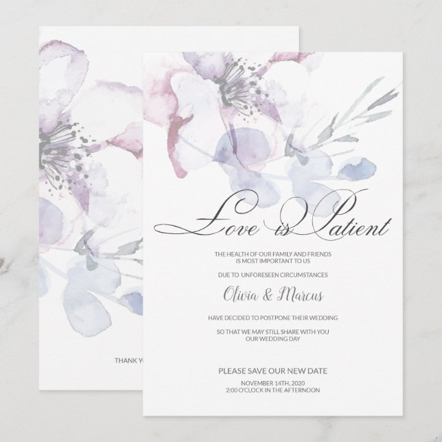 Apple Blossom Love is Patient Wedding Postponement Invitation (Front/Back)