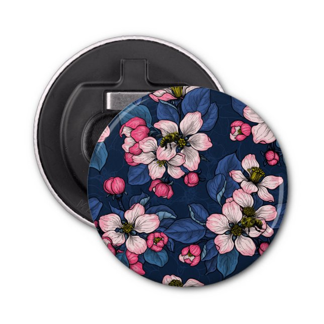 Apple blossom on a dark blue bottle opener (Front)