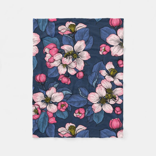 Apple blossom on a dark blue fleece blanket (Front)