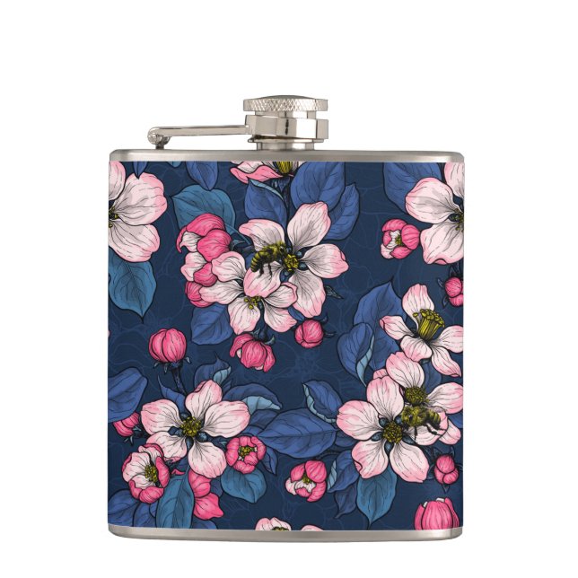 Apple blossom on a dark blue hip flask (Front)