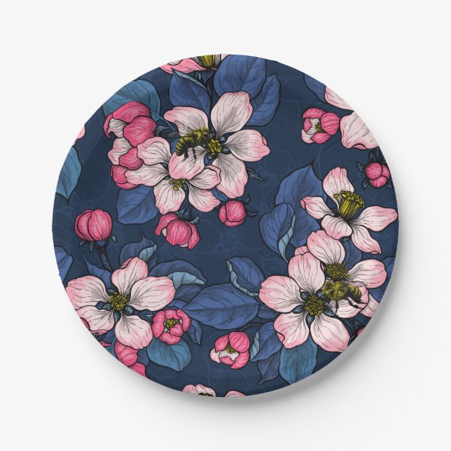 Apple blossom on a dark blue paper plate (Front)