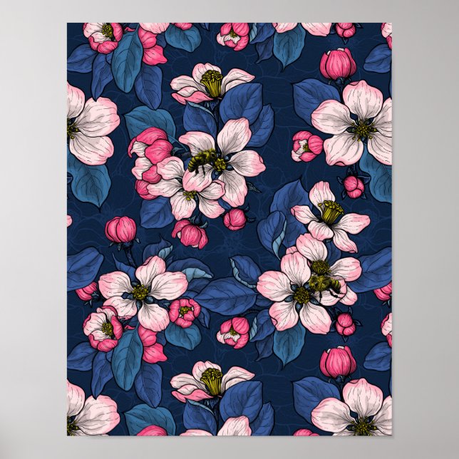 Apple blossom on a dark blue poster (Front)