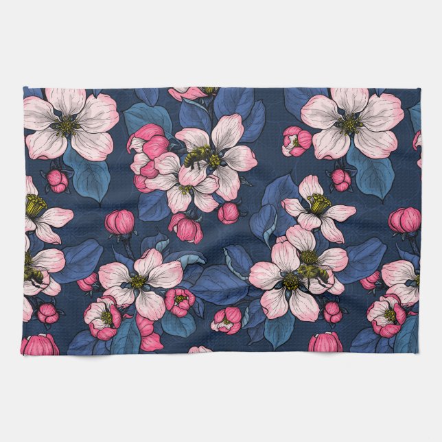 Apple blossom on a dark blue tea towel (Horizontal)