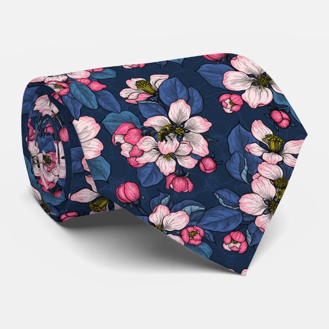 Apple blossom on a dark blue tie (Rolled)