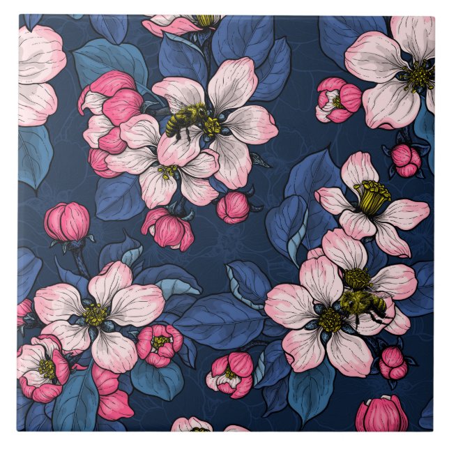 Apple blossom on a dark blue tile (Front)
