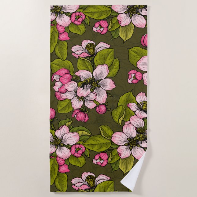 Apple blossom on dark green beach towel (Front)