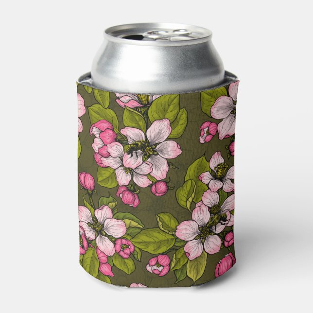Apple blossom on dark green can cooler (Can Front)