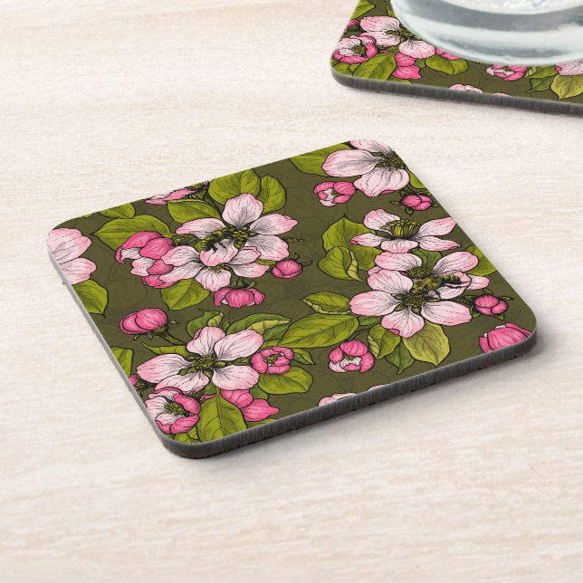 Apple blossom on dark green coaster (Left Side)