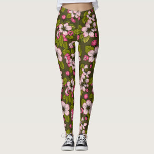 Apple blossom on dark green leggings