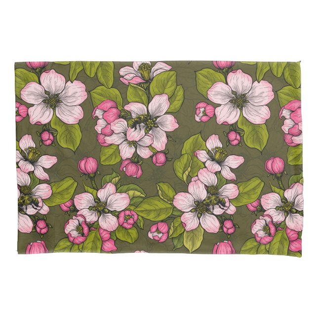 Apple blossom on dark green pillowcase (Front-Left)