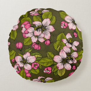 Apple blossom on dark green round cushion