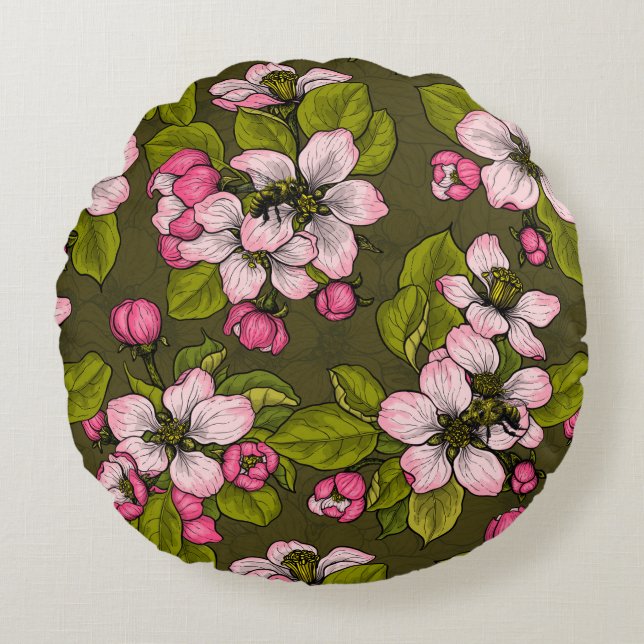 Apple blossom on dark green round cushion (Front)