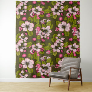 Apple blossom on dark green tapestry