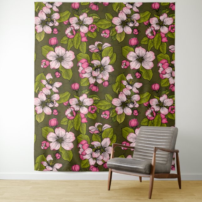 Apple blossom on dark green tapestry (In Situ)