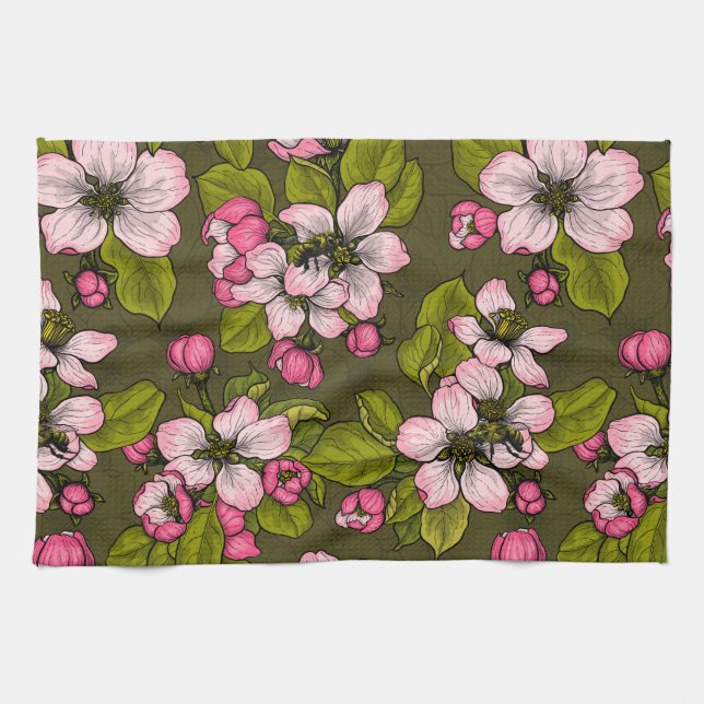 Apple blossom on dark green tea towel (Horizontal)