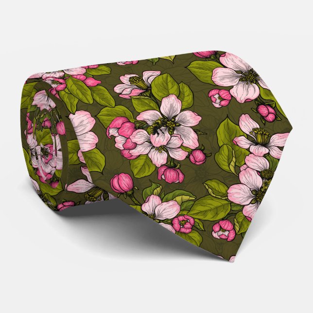 Apple blossom on dark green tie (Rolled)