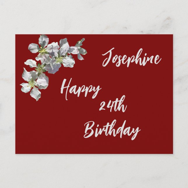 Apple Blossom on Deep Red Named and Aged Birthday Postcard (Front)