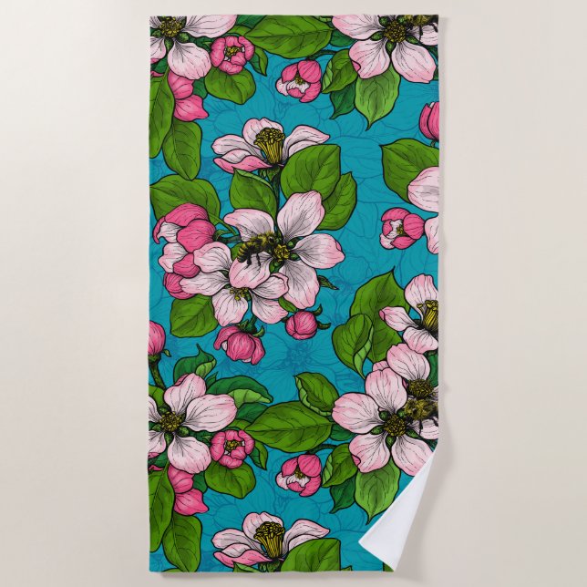 Apple blossom on turquoise beach towel (Front)