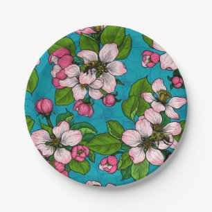 Apple blossom on turquoise paper plate