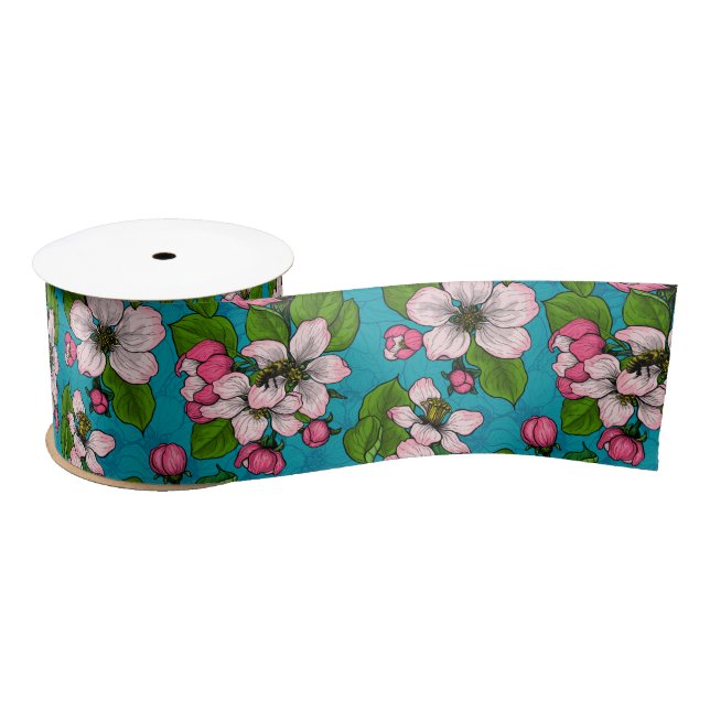 Apple blossom on turquoise satin ribbon (Spool)