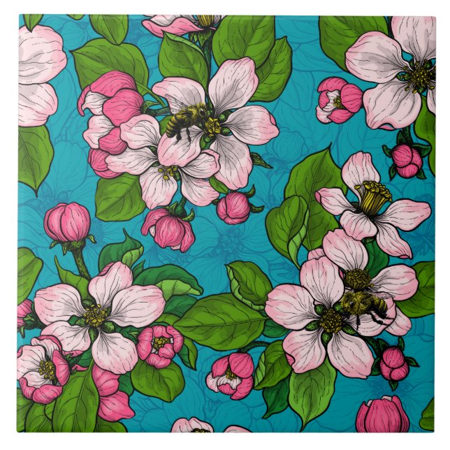 Apple blossom on turquoise tile (Front)