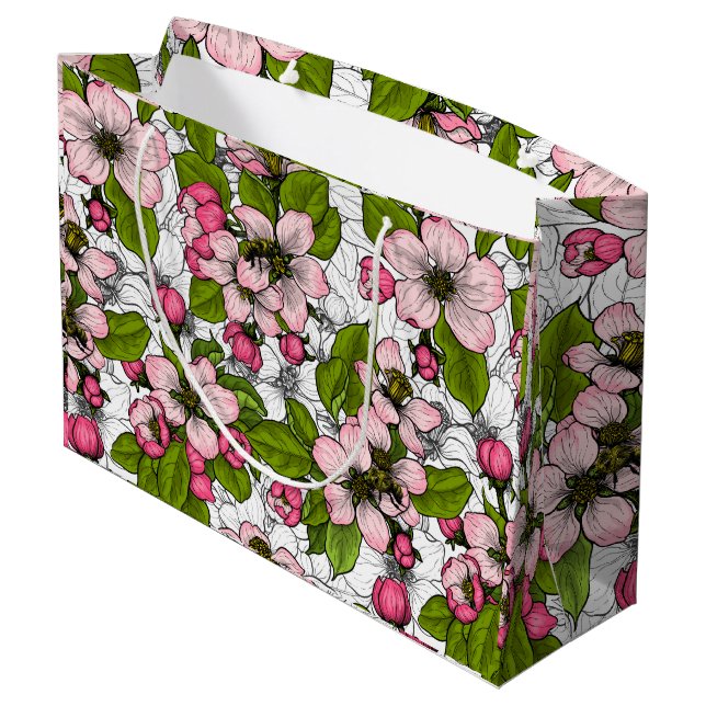 Apple blossom on white large gift bag (Back Angled)
