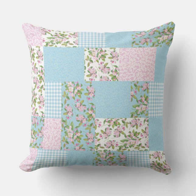 Apple Blossom Pink and Blue Floral Faux Patchwork Cushion (Front)