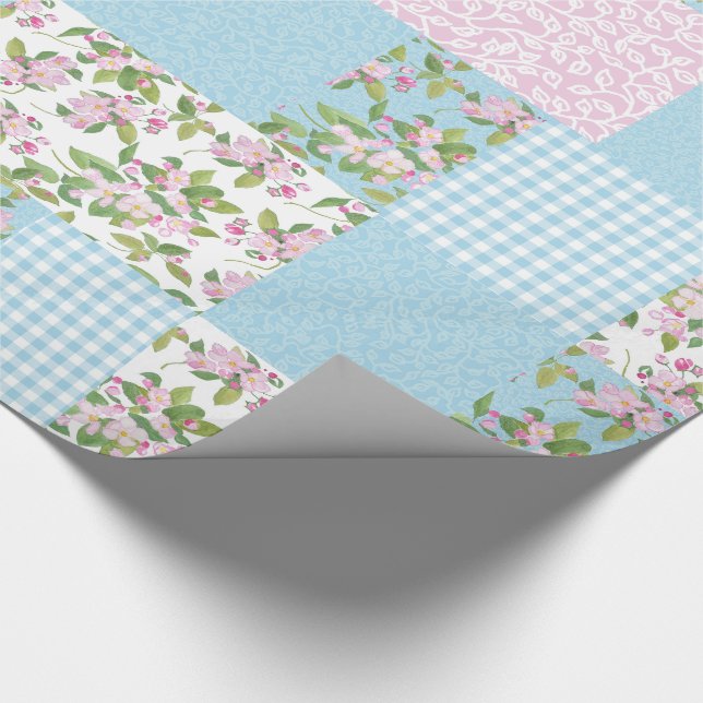 Apple Blossom Pink, Blue, Green Faux Patchwork Wrapping Paper (Corner)