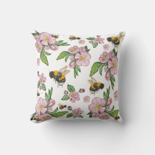 Apple blossom tree and bees watercolor pattern cushion